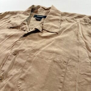 Riggings Mens 100% Silk Short Sleeve Button Down Shirt Tan Grid Size L Large